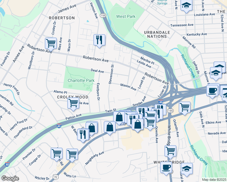 map of restaurants, bars, coffee shops, grocery stores, and more near 525B Stevenson Street in Nashville