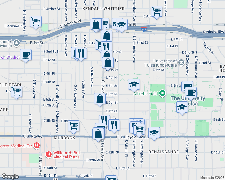 map of restaurants, bars, coffee shops, grocery stores, and more near 2451 East 5th Place in Tulsa