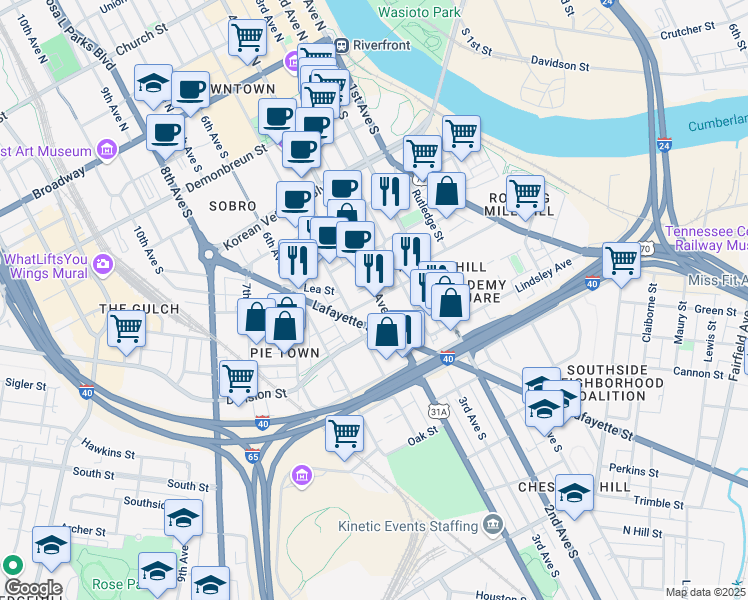 map of restaurants, bars, coffee shops, grocery stores, and more near 417 Elm Street in Nashville