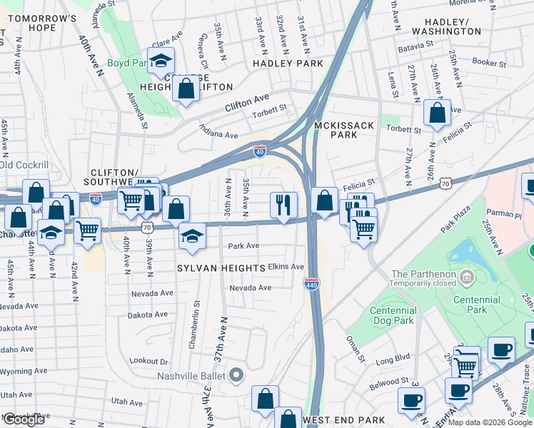 map of restaurants, bars, coffee shops, grocery stores, and more near 3320 U.S. 70 in Nashville