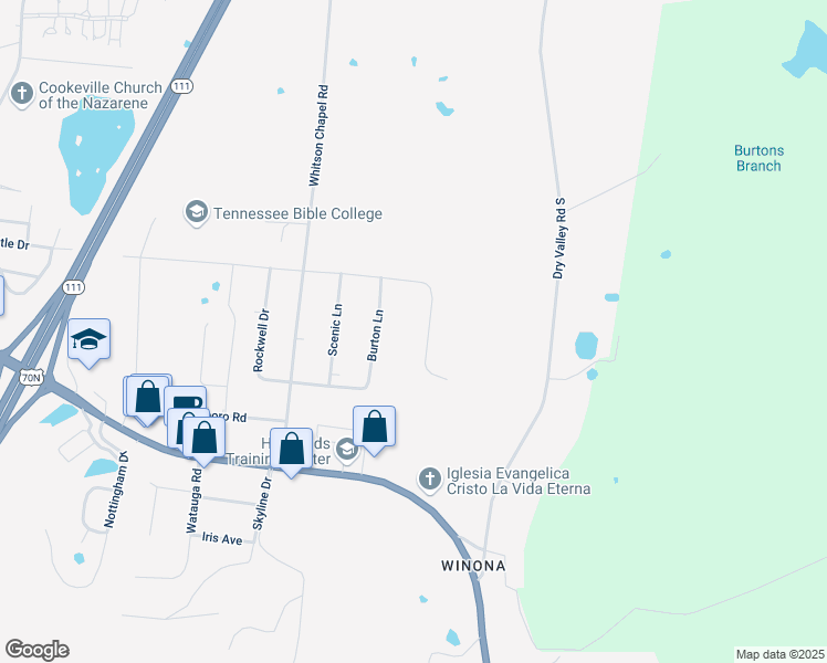 map of restaurants, bars, coffee shops, grocery stores, and more near 508 McCulley Lane in Cookeville
