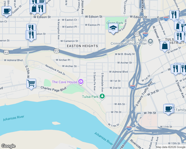 map of restaurants, bars, coffee shops, grocery stores, and more near 1507 West Bowen Place in Tulsa