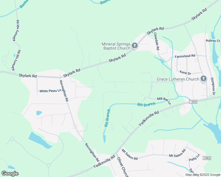 map of restaurants, bars, coffee shops, grocery stores, and more near 2916 Millwheel Road in Pfafftown