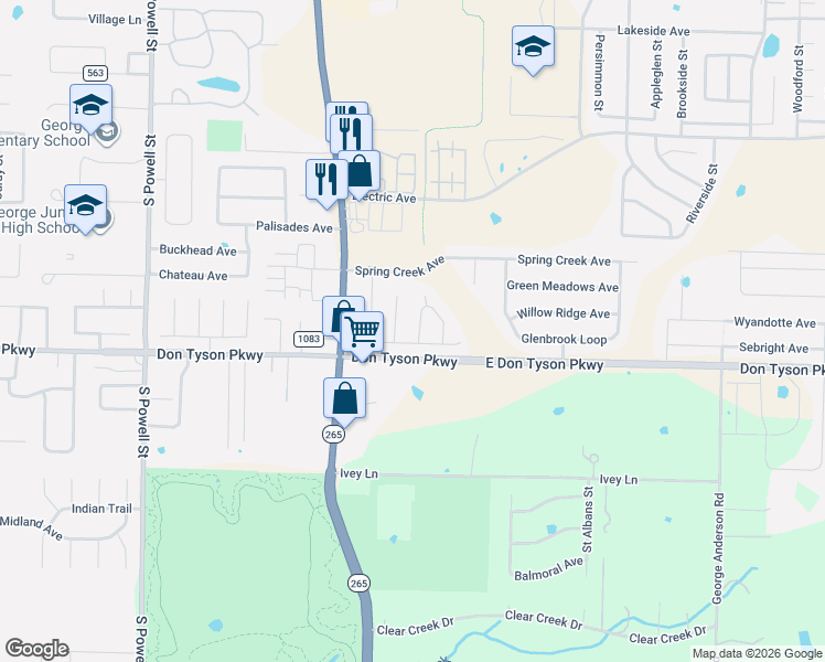 map of restaurants, bars, coffee shops, grocery stores, and more near 3522 Bluff Creek Loop in Springdale