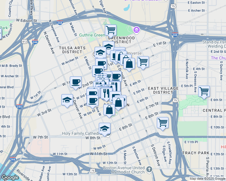map of restaurants, bars, coffee shops, grocery stores, and more near 321 South Boston Avenue in Tulsa