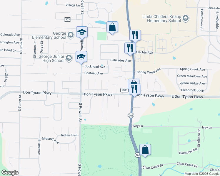 map of restaurants, bars, coffee shops, grocery stores, and more near 3533 Serviceberry Lane in Springdale