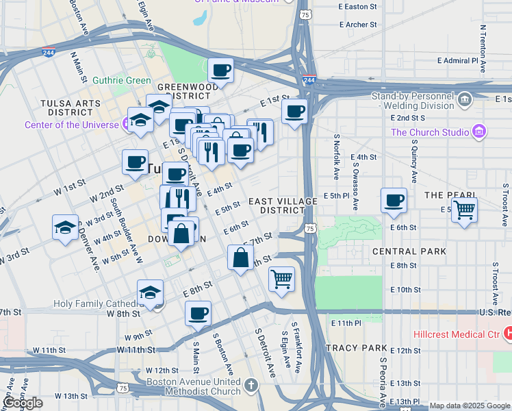 map of restaurants, bars, coffee shops, grocery stores, and more near 500 East 5th Street in Tulsa