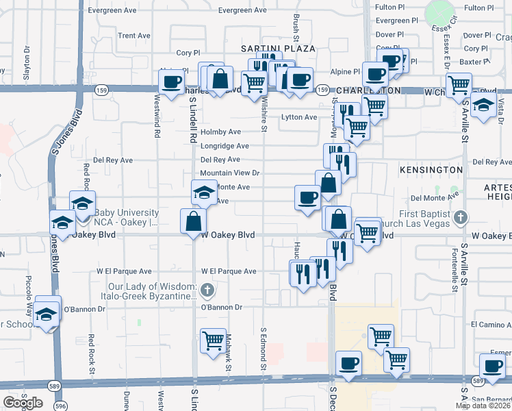 map of restaurants, bars, coffee shops, grocery stores, and more near 5305 Doe Avenue in Las Vegas