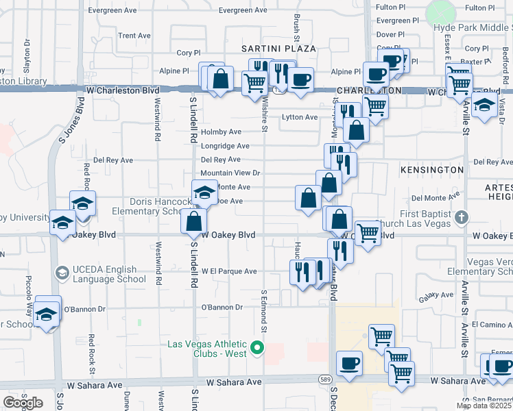 map of restaurants, bars, coffee shops, grocery stores, and more near 5305 Doe Avenue in Las Vegas