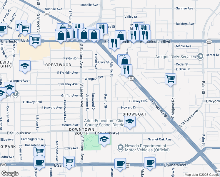 map of restaurants, bars, coffee shops, grocery stores, and more near 1404 Atlantic Street in Las Vegas