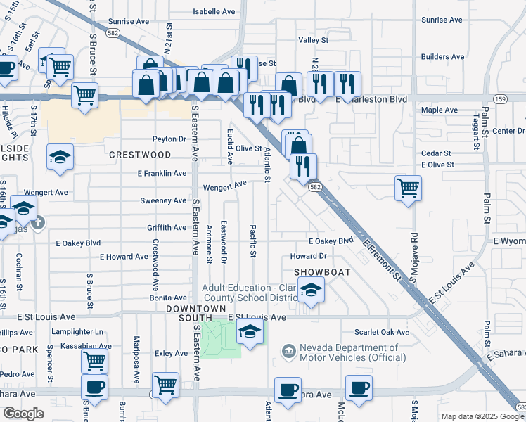 map of restaurants, bars, coffee shops, grocery stores, and more near 1404 Atlantic Street in Las Vegas