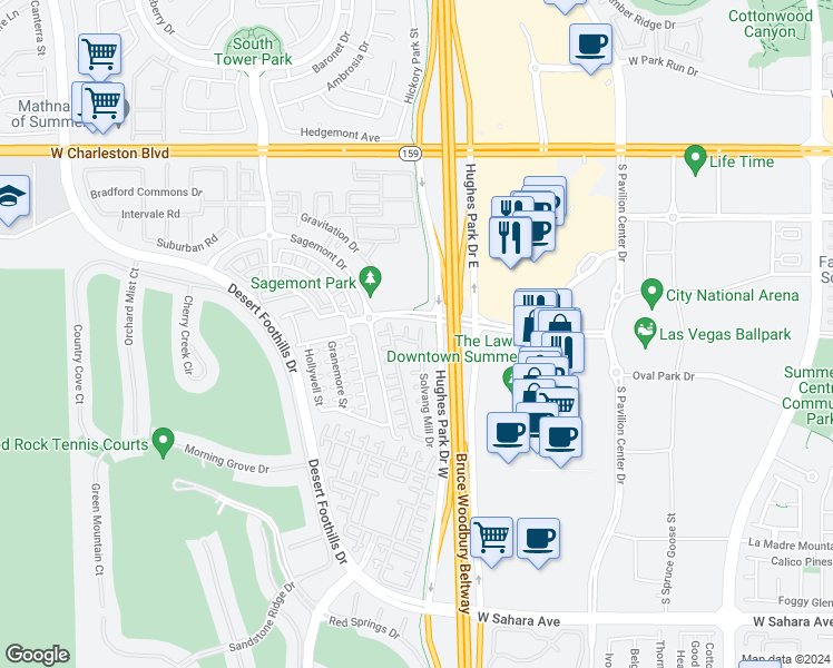 map of restaurants, bars, coffee shops, grocery stores, and more near 1807 Solvang Mill Drive in Las Vegas