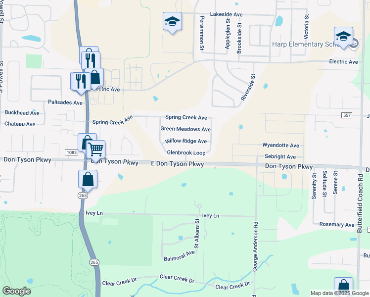 map of restaurants, bars, coffee shops, grocery stores, and more near 3607 Glenbrook Loop in Springdale