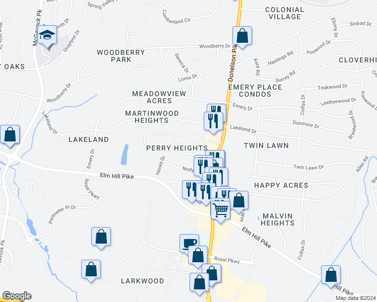 map of restaurants, bars, coffee shops, grocery stores, and more near 2712 Wellman Drive in Nashville