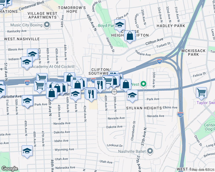 map of restaurants, bars, coffee shops, grocery stores, and more near 3900 Charlotte Avenue in Nashville