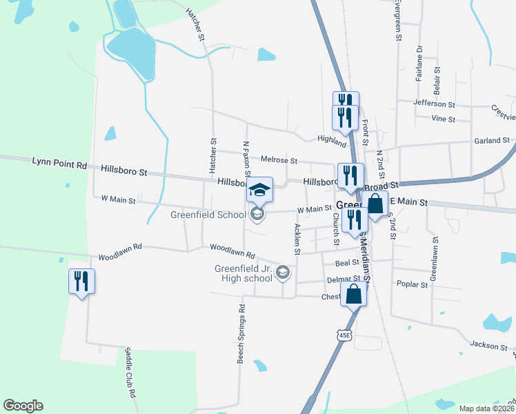 map of restaurants, bars, coffee shops, grocery stores, and more near 320 West Main Street in Greenfield