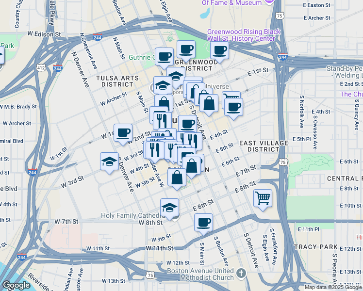 map of restaurants, bars, coffee shops, grocery stores, and more near 321 South Boston Avenue in Tulsa
