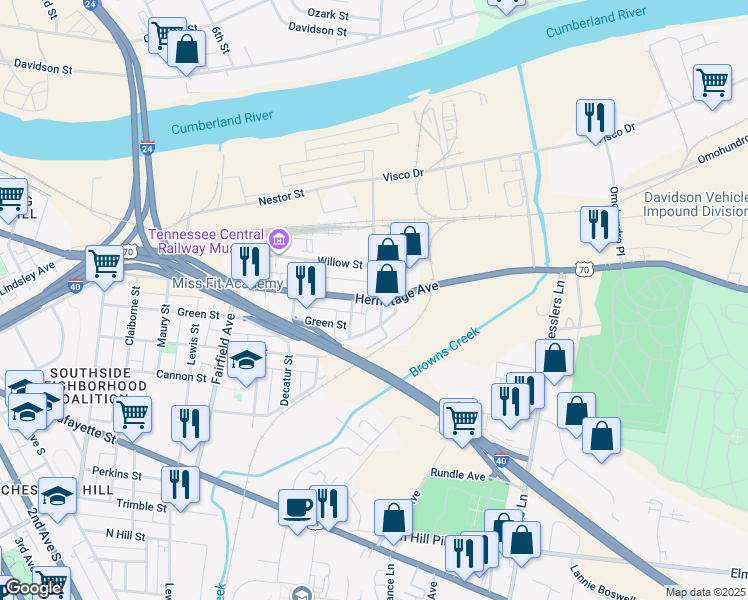 map of restaurants, bars, coffee shops, grocery stores, and more near Stanley Street in Nashville