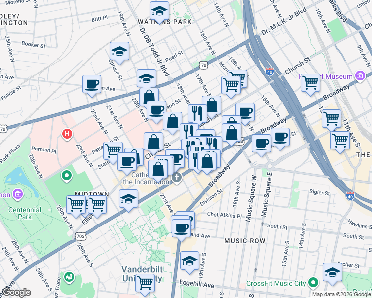 map of restaurants, bars, coffee shops, grocery stores, and more near 1904 Hayes Street in Nashville