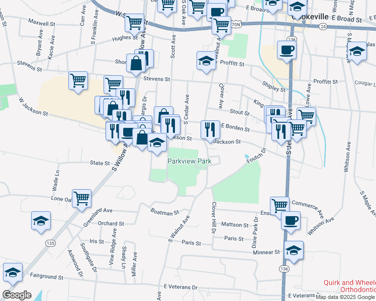 map of restaurants, bars, coffee shops, grocery stores, and more near 544 Scott Avenue in Cookeville