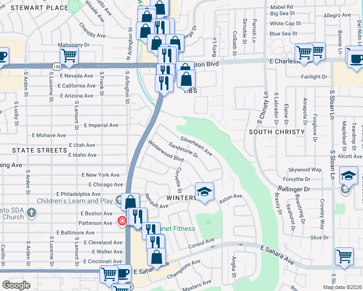 map of restaurants, bars, coffee shops, grocery stores, and more near 5241 Sandstone Drive in Las Vegas