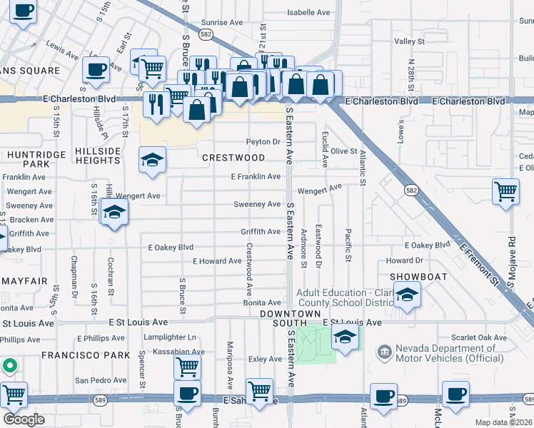 map of restaurants, bars, coffee shops, grocery stores, and more near 2008 Bracken Avenue in Las Vegas