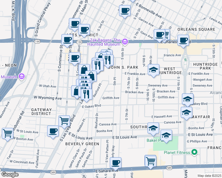 map of restaurants, bars, coffee shops, grocery stores, and more near 554 Bracken Avenue in Las Vegas
