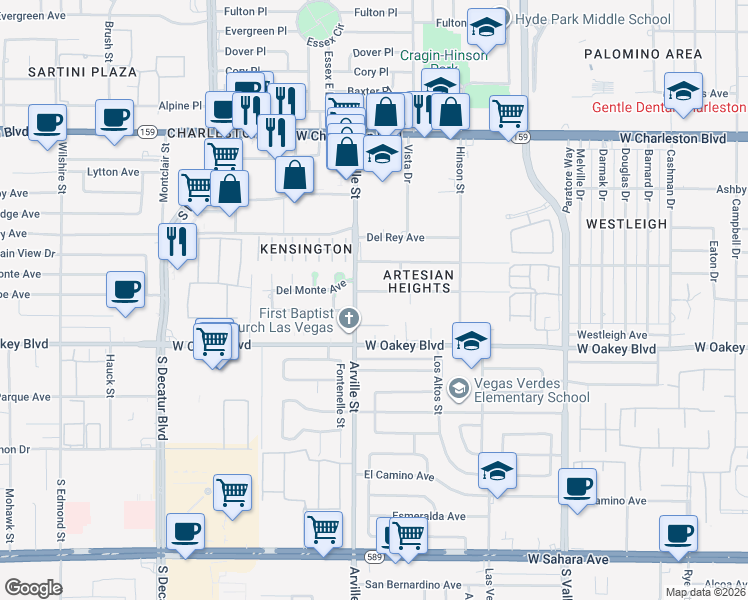 map of restaurants, bars, coffee shops, grocery stores, and more near 4210 Bossart Court in Las Vegas