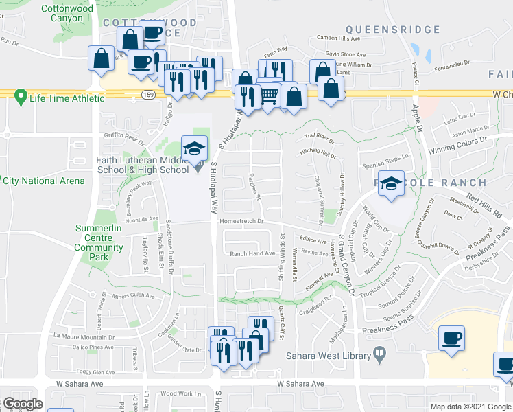 map of restaurants, bars, coffee shops, grocery stores, and more near 9825 Homestretch Drive in Las Vegas
