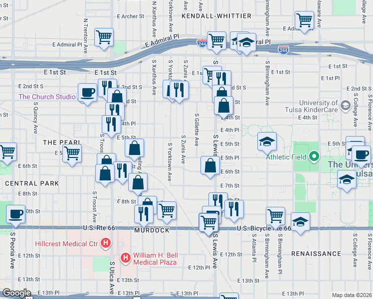 map of restaurants, bars, coffee shops, grocery stores, and more near 532 South Zunis Avenue in Tulsa