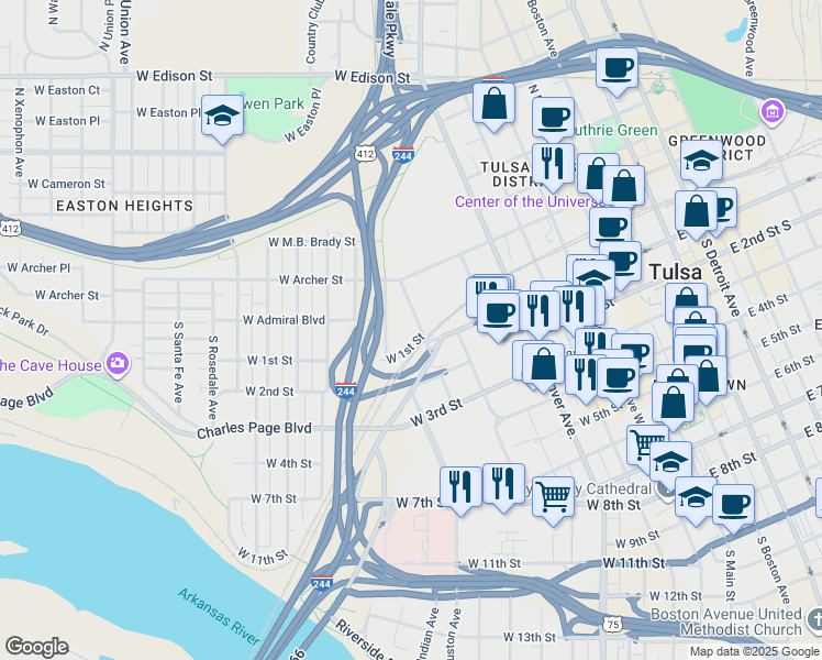 map of restaurants, bars, coffee shops, grocery stores, and more near 10 North Guthrie Avenue in Tulsa