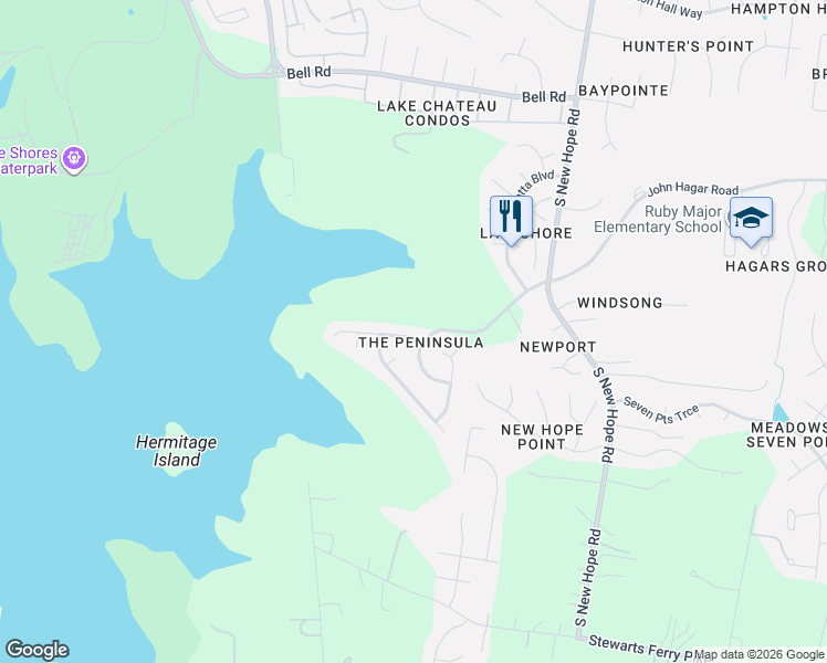 map of restaurants, bars, coffee shops, grocery stores, and more near 4809 Peninsula Pointe Drive in Nashville