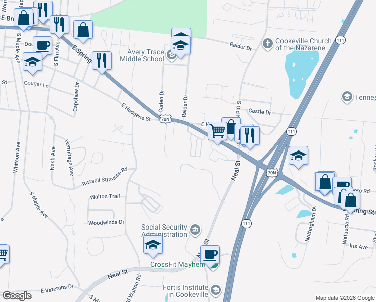 map of restaurants, bars, coffee shops, grocery stores, and more near 1115 East Spring Street in Cookeville