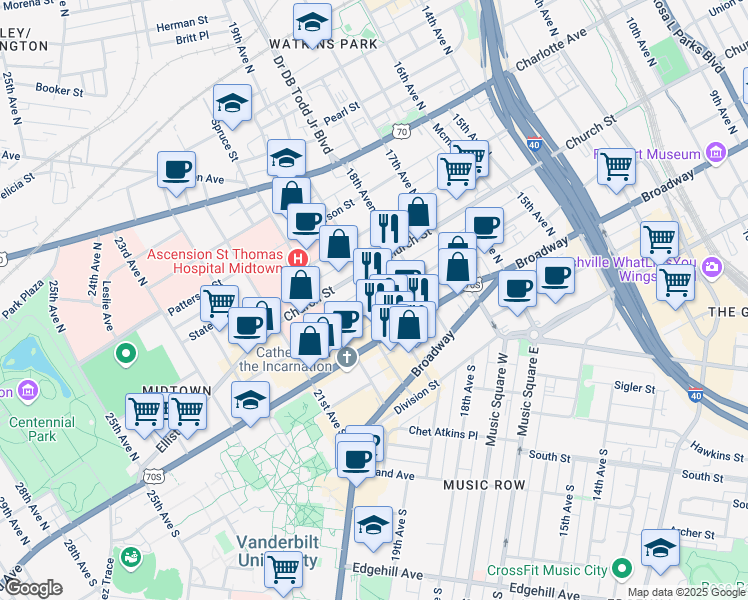 map of restaurants, bars, coffee shops, grocery stores, and more near 1912 Hayes Street in Nashville
