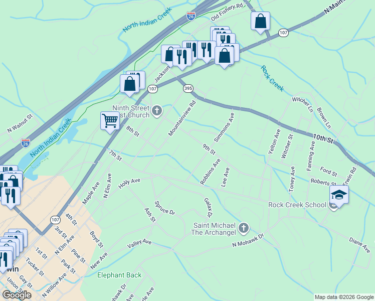 map of restaurants, bars, coffee shops, grocery stores, and more near 1449 Old Stage Road in Erwin