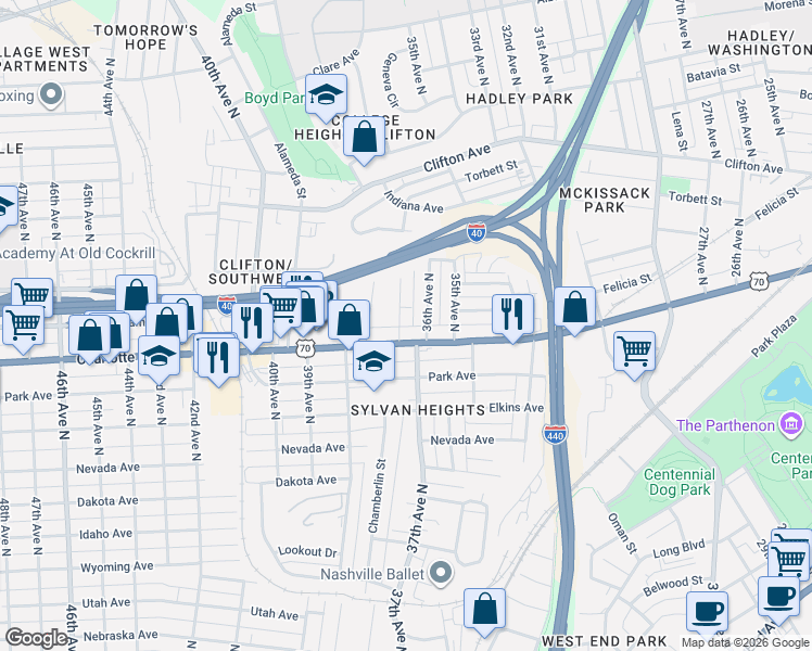 map of restaurants, bars, coffee shops, grocery stores, and more near 3708 Charlotte Avenue in Nashville