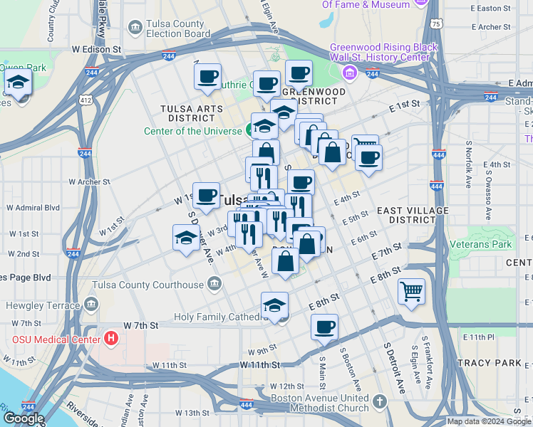 map of restaurants, bars, coffee shops, grocery stores, and more near in Tulsa