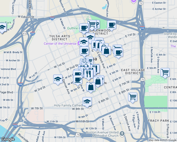 map of restaurants, bars, coffee shops, grocery stores, and more near 321 South Boston Avenue in Tulsa