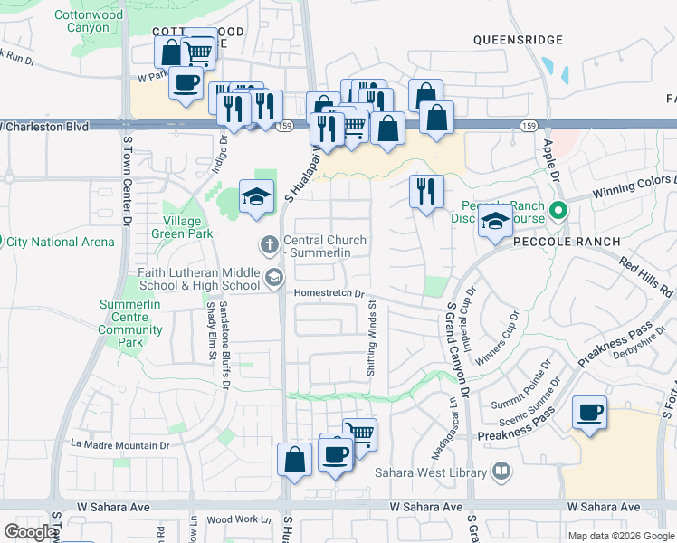map of restaurants, bars, coffee shops, grocery stores, and more near 9825 Homestretch Drive in Las Vegas