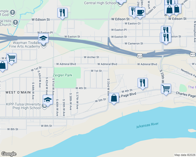 map of restaurants, bars, coffee shops, grocery stores, and more near 140 South 35th West Avenue in Tulsa