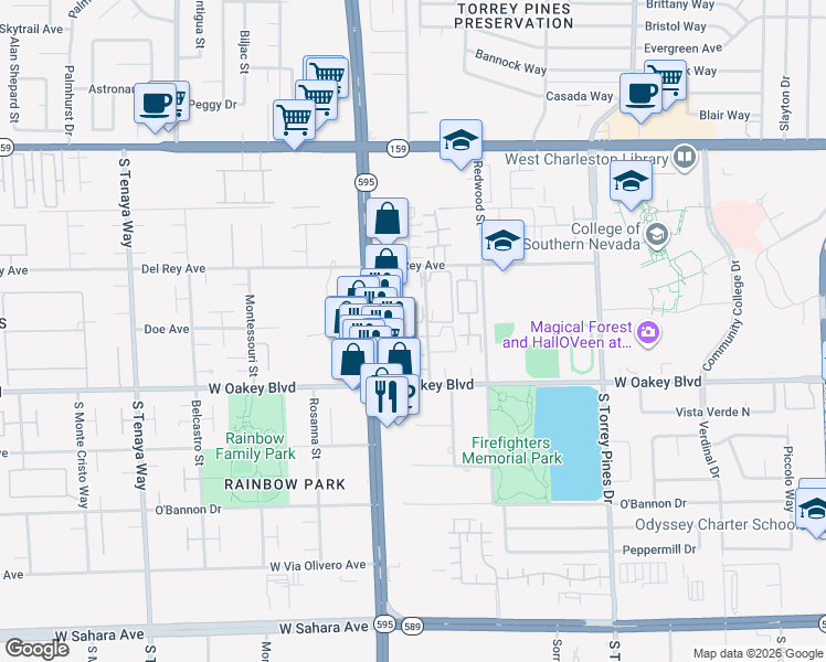 map of restaurants, bars, coffee shops, grocery stores, and more near 1501 Oscar Court in Las Vegas