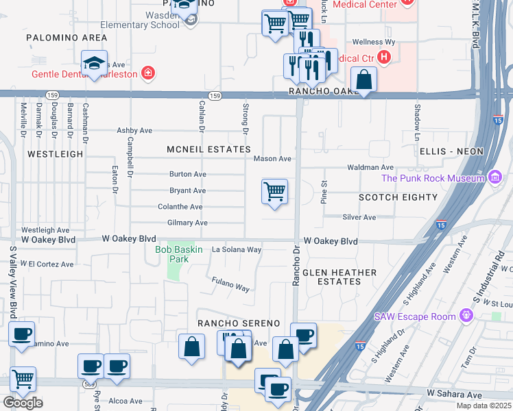 map of restaurants, bars, coffee shops, grocery stores, and more near 2505 Laurie Drive in Las Vegas