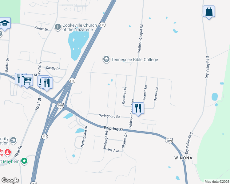 map of restaurants, bars, coffee shops, grocery stores, and more near 569 Rockwell Drive in Cookeville