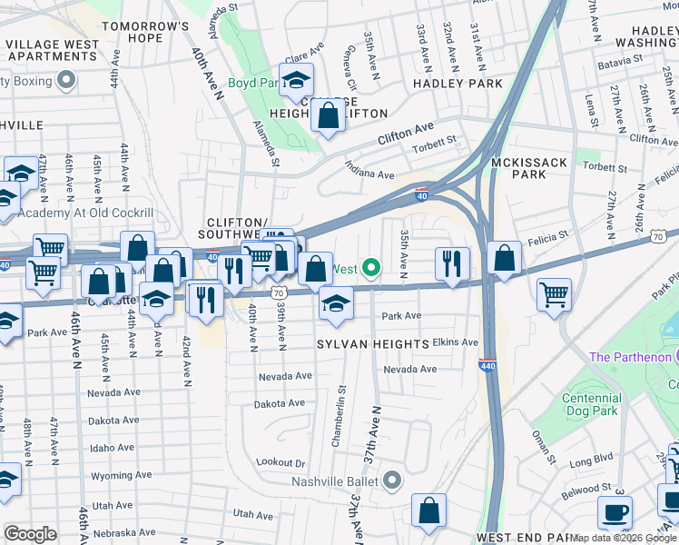 map of restaurants, bars, coffee shops, grocery stores, and more near 3708 Charlotte Avenue in Nashville