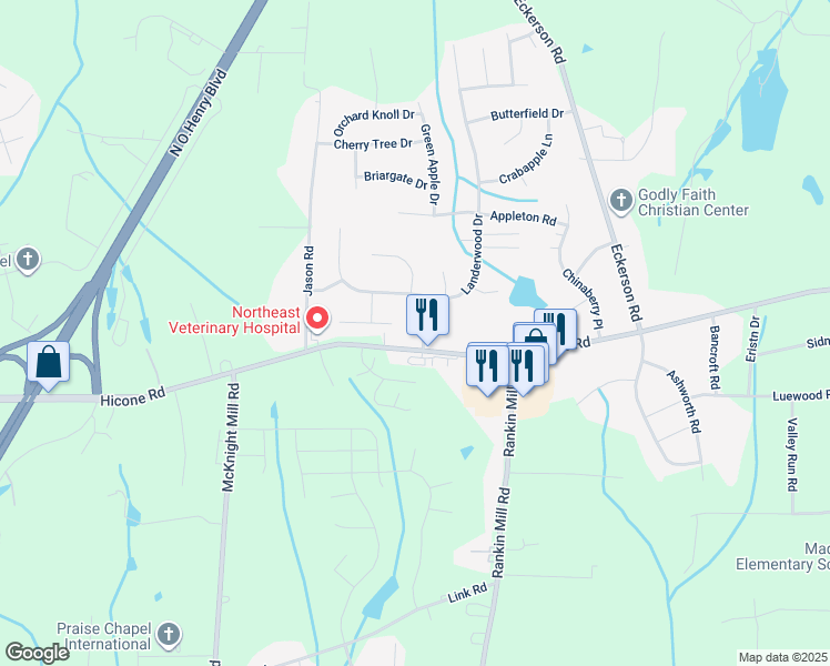 map of restaurants, bars, coffee shops, grocery stores, and more near 5503 Pearview Drive in Greensboro