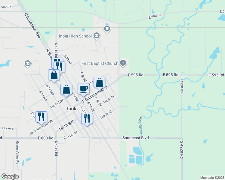 map of restaurants, bars, coffee shops, grocery stores, and more near 90 E Street Southeast in Inola