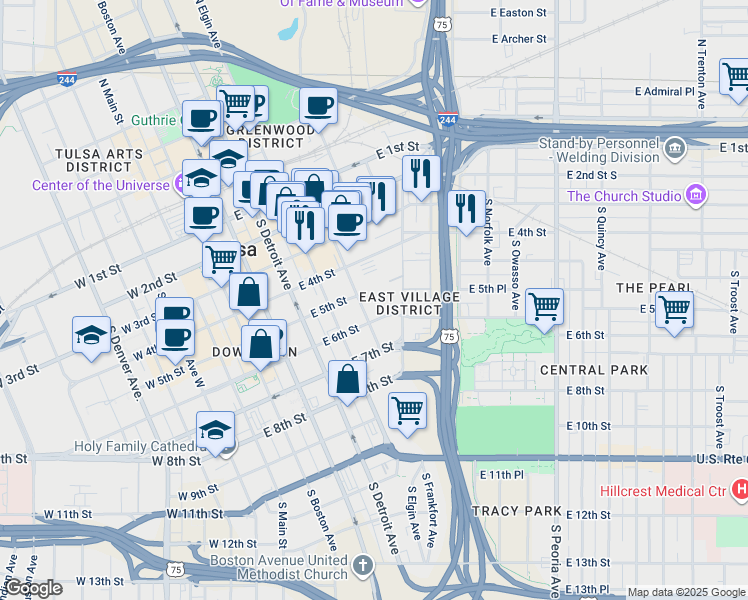map of restaurants, bars, coffee shops, grocery stores, and more near 500 East 5th Street in Tulsa