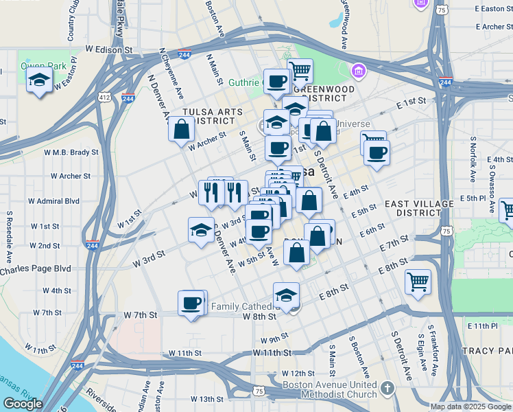map of restaurants, bars, coffee shops, grocery stores, and more near 302 South Boulder Avenue in Tulsa
