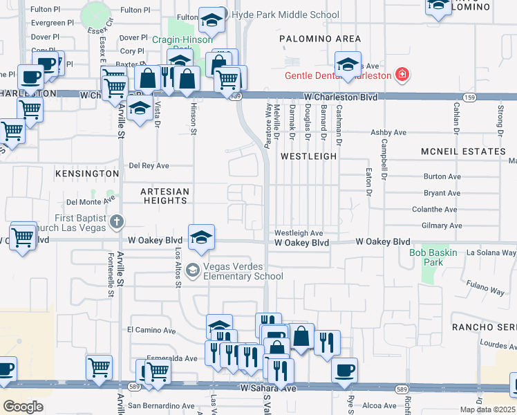 map of restaurants, bars, coffee shops, grocery stores, and more near 1600 South Valley View Boulevard in Las Vegas
