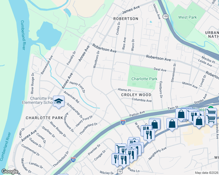 map of restaurants, bars, coffee shops, grocery stores, and more near 563 Croley Drive in Nashville